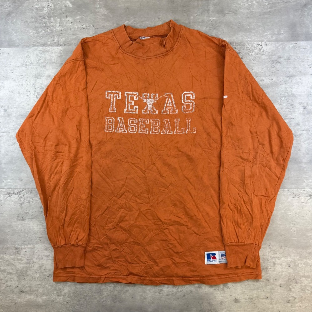 Vintage Russell Athletic Texas Baseball Long Sleeve Shirt Orange USA Large